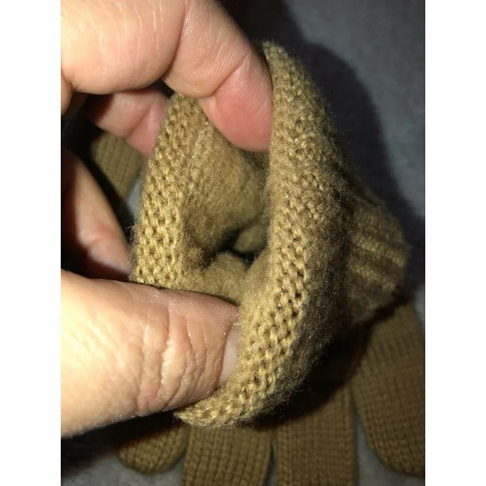 Vintage Ivory Leather Medium Brown Knit Ribbed Cuff Winter Gloves